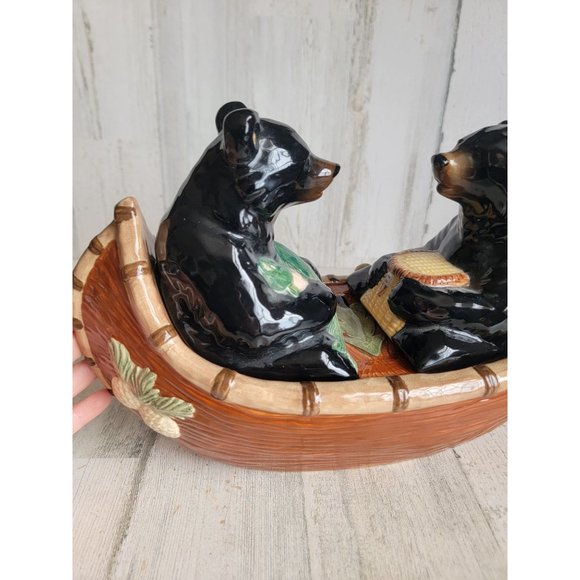 Ceramic black bears fishing couple canoe boat - Picture 8 of 12
